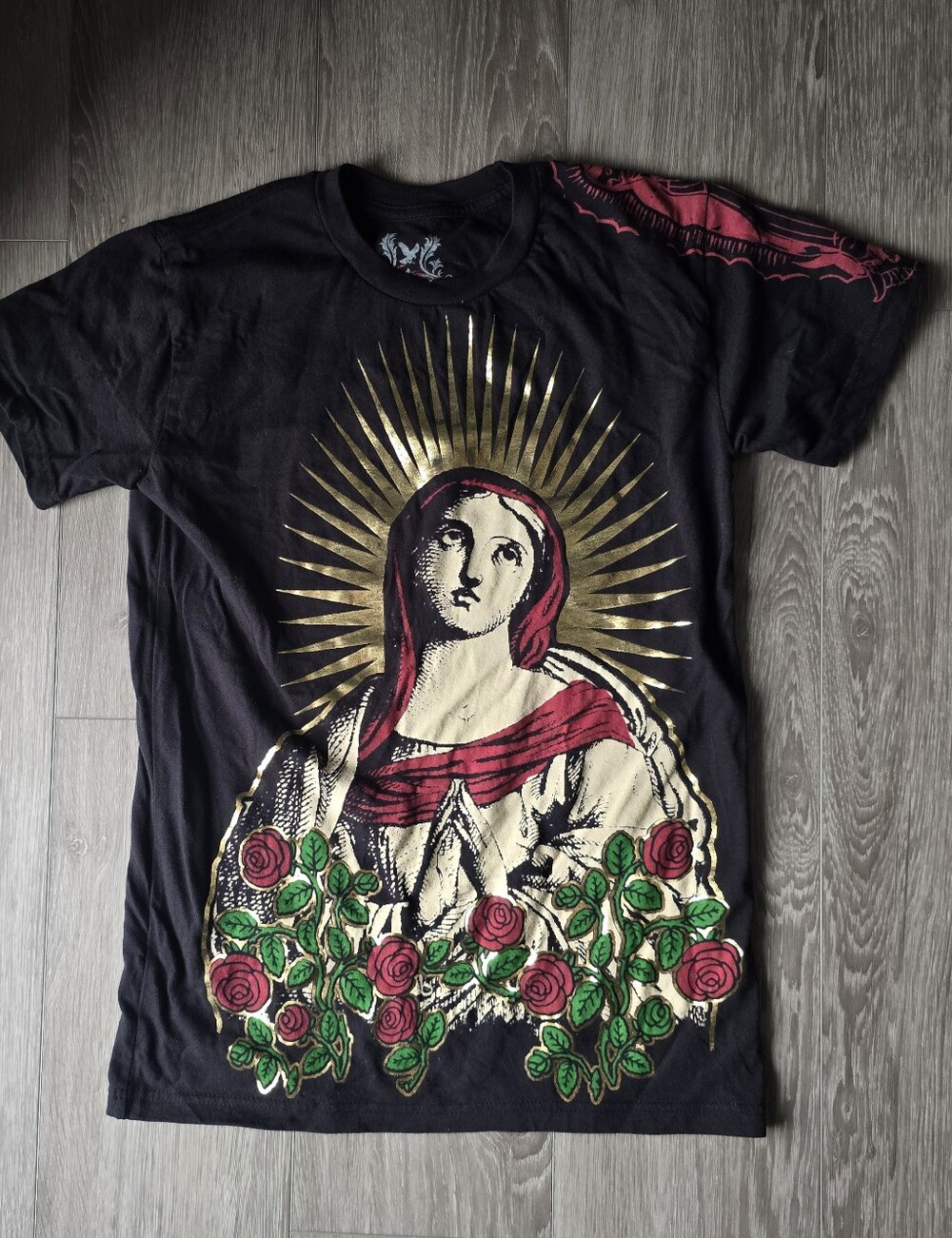 G Eagle Virgin Mary Gold Halo Roses Graphic Tee Black Small Made USA